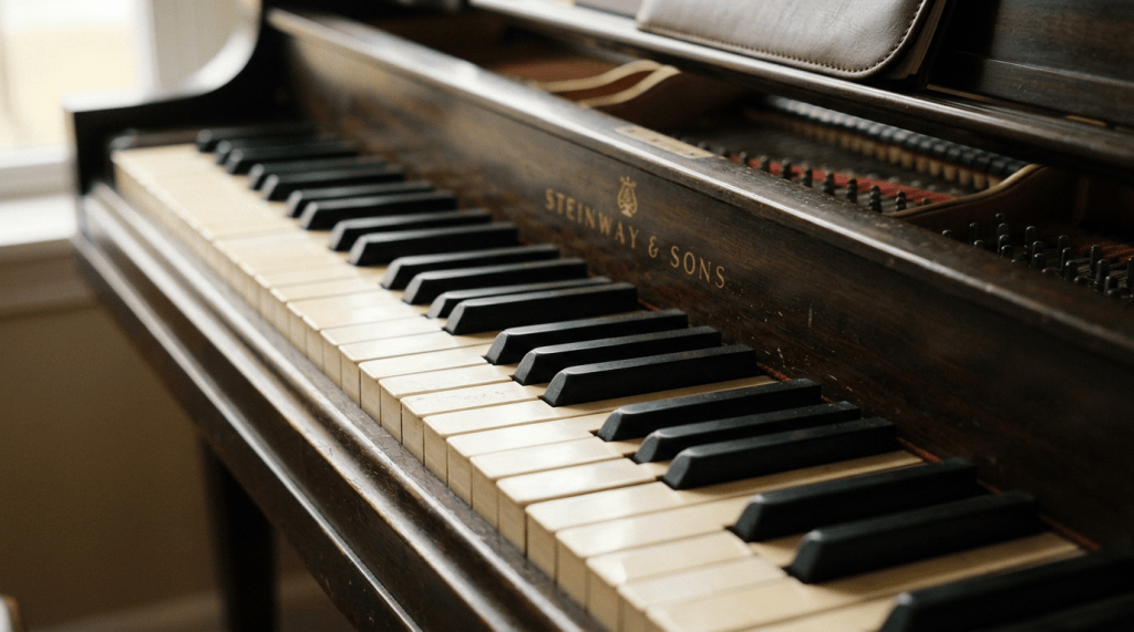 Steinway and Sons piano keyboard with exposed strings and hammers
