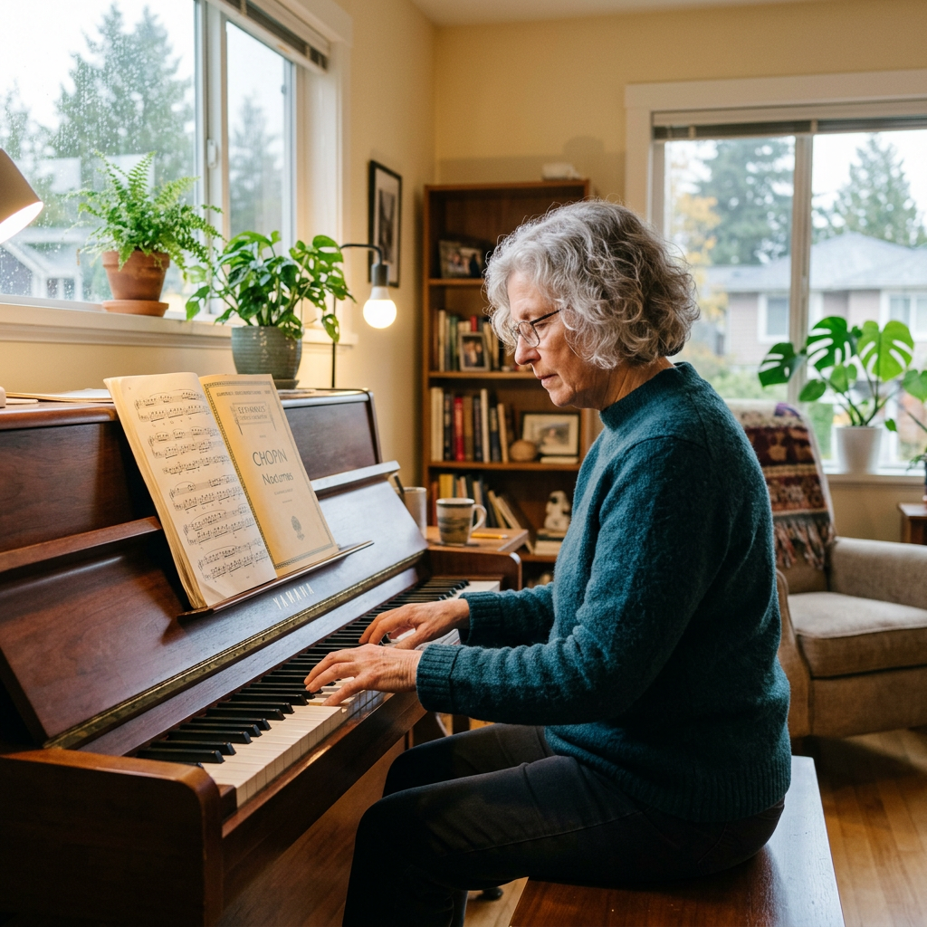 Older woman playing Chopin on an upright piano at home